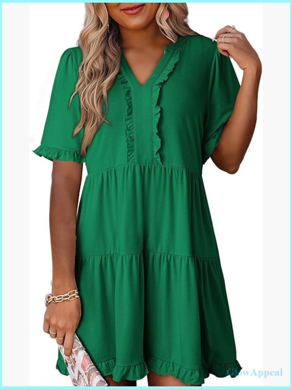 V Neck A Line Short Sleeve Ruffle Babydoll Mini Dress with Pockets
